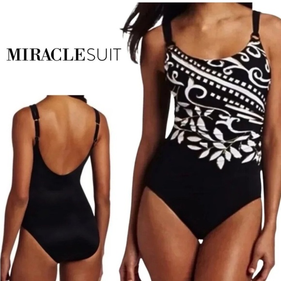 MIRACLESUIT Black White Gold Hamden Mixed Up Underwire Slimming Swimsuit US10